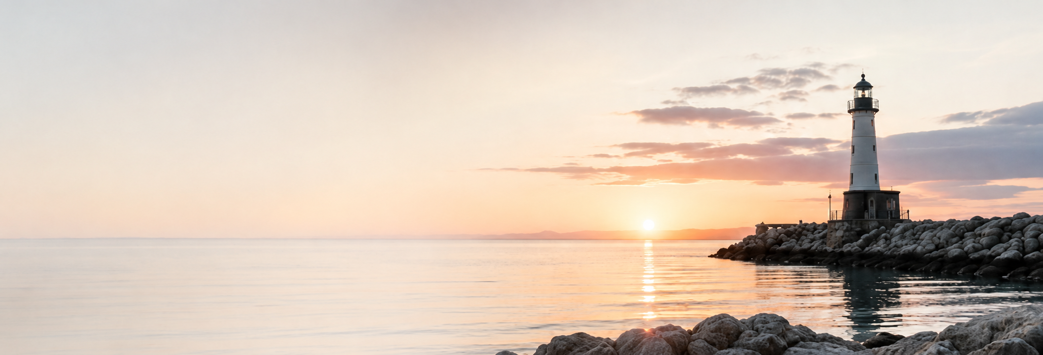 Lighthouse at sunset over a calm harbour, symbolising guidance, safety and hope