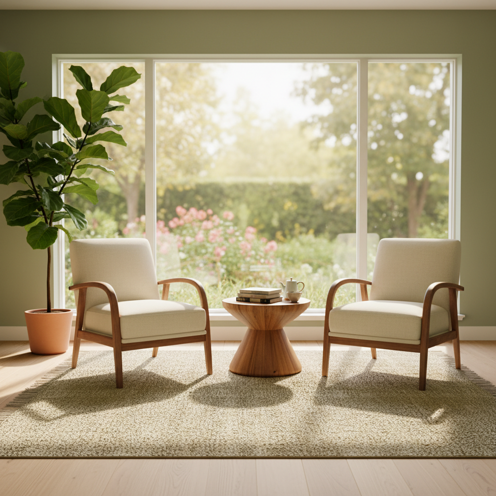 Cosy counselling room with comfortable armchair, warm lamp, and plants by a bright window